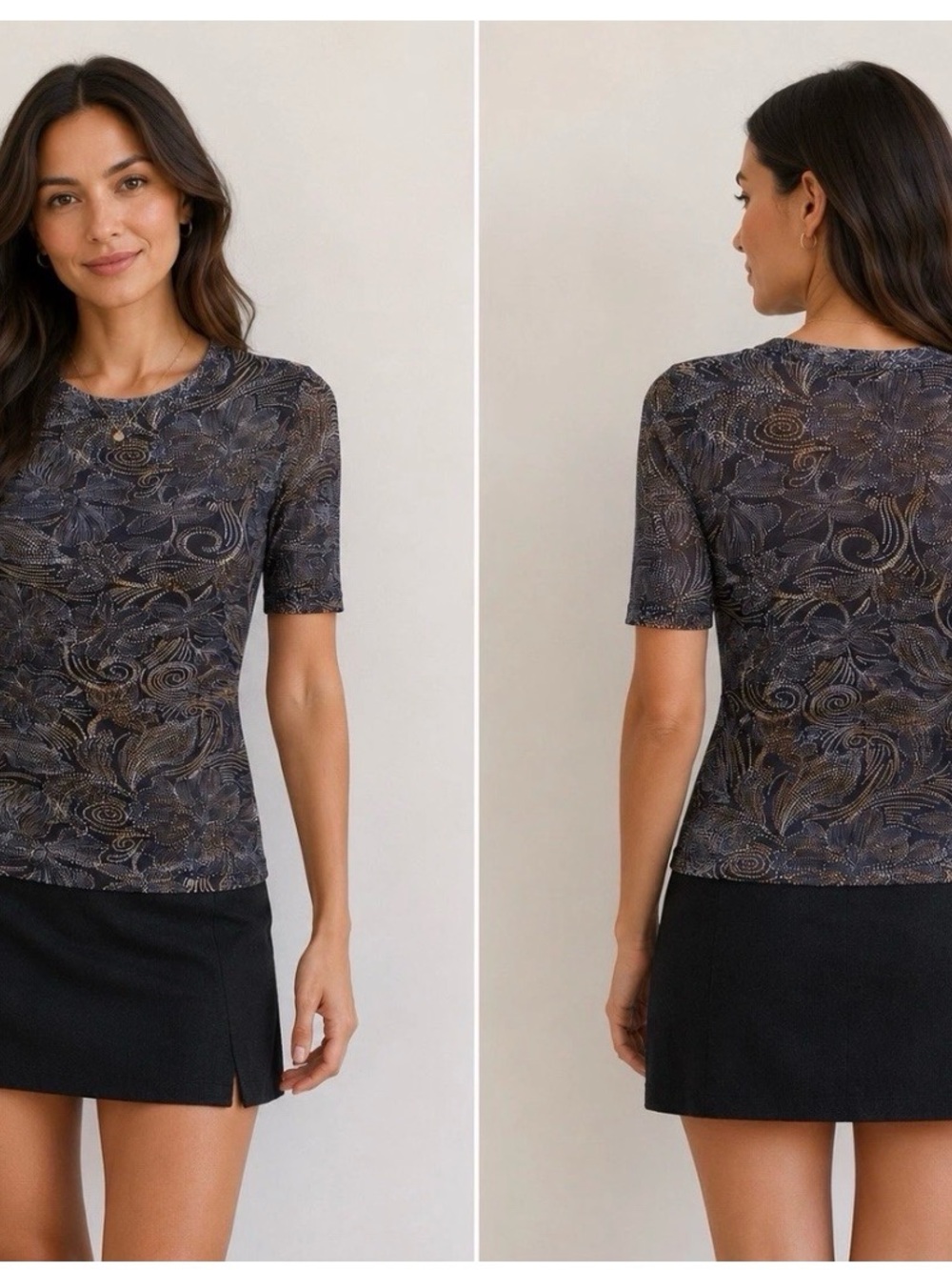 Johnny Was Navy and Brown Floral-Print Short Sleeve Tee #781CL